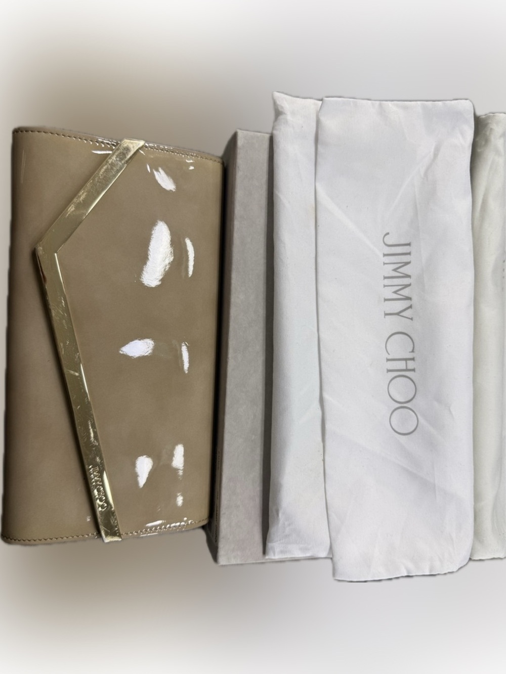 Jimmy Choo Taupe Patent Leather Clutch with Gold Accent